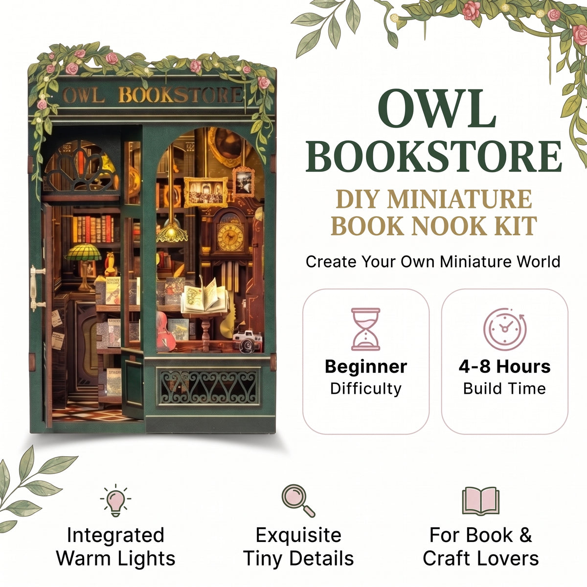 Owl Bookstore DIY Book Nook Kit – Lights Up Your Shelf